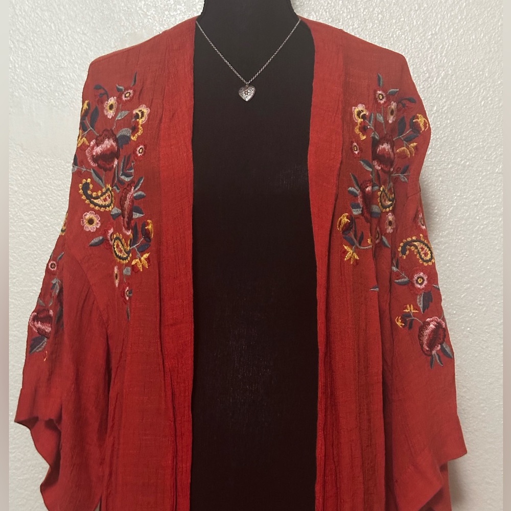Orange, Embroidered Light Woven Umgee Cardigan